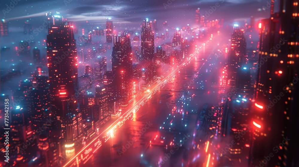 Futuristic cityscape with skyscrapers and glowing lights at night