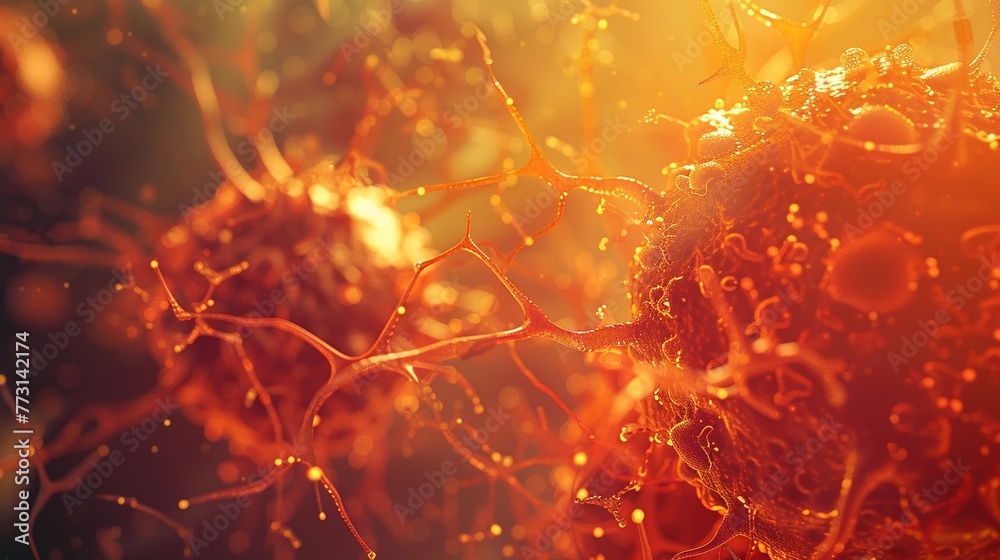 Hepatocytes processing nutrients, lymphoid cells fighting pathogens, warm tones, sharp focus Hepatocytes processing nutrients, lymphoid cells fighting pathogens, warm tones, sharp focus