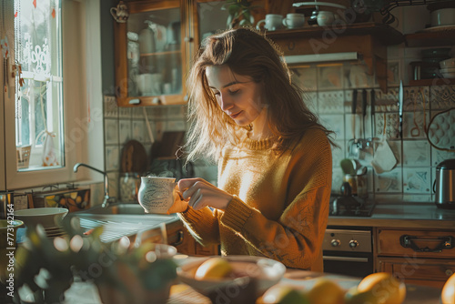 Young woman making her morning tea in her kitchen
 photo