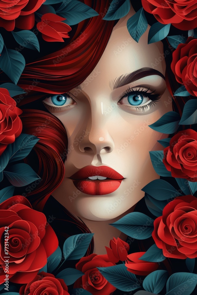 Kirigami illustration portrait of a beautiful woman, face surrounded by roses, leaves Kirigami illustration portrait of a beautiful woman, face surrounded by roses, leaves