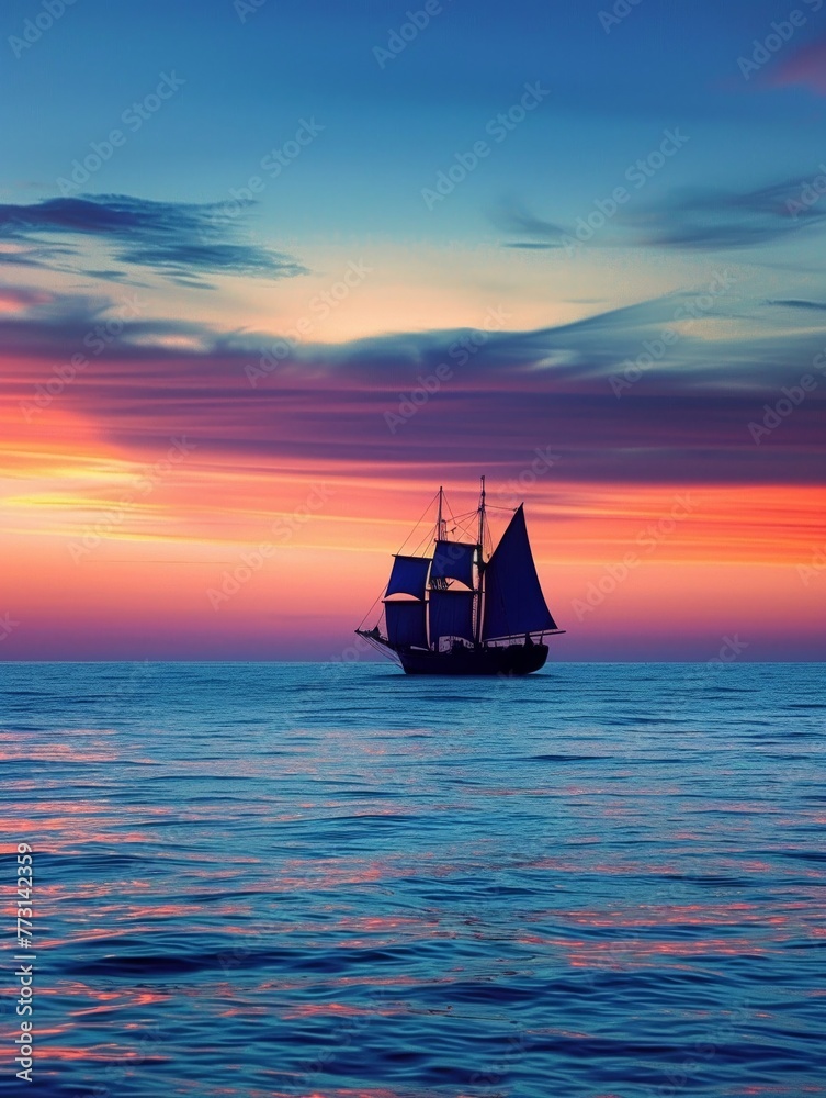 Sailing ship on calm sea, twilight, wide shot, silhouette against vibrant sky, peaceful