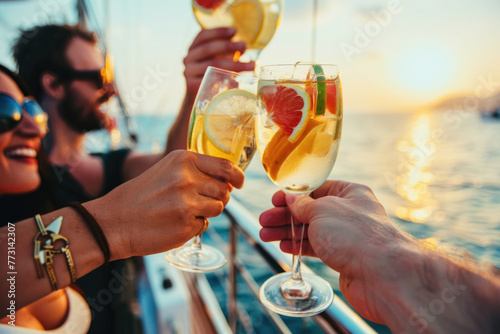 Group of friends relaxing on luxury yacht, drinking and toasting with cocktails and having fun together while sailing in the sea