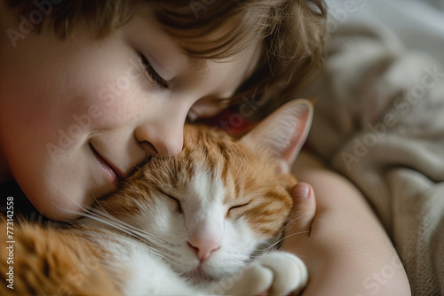 Young boy cuddling pet cat
 photo