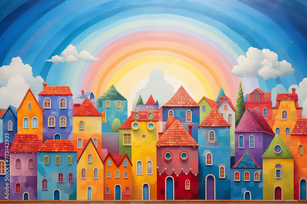 Fototapeta premium The illustrations are watercolor paintings. Colorful city pictures are used to decorate and add beauty. Medieval castle amidst lush greenery With the vast sky as the background 