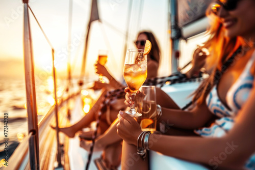 Group of friends relaxing on luxury yacht, drinking cocktails and having fun together while sailing in the sea