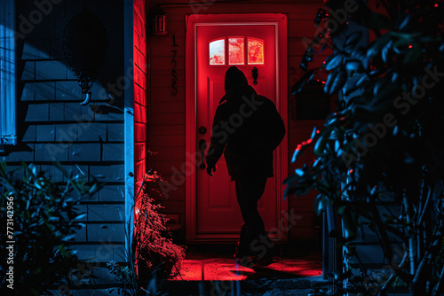 a burglar stands outside the front door of the house photo