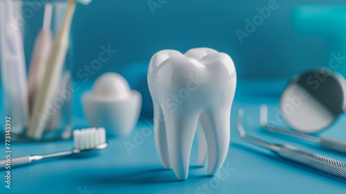 A model tooth dominates the scene surrounded by various dental instruments on a turquoise background.