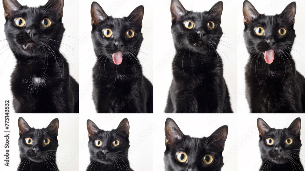 A series of pictures of a black cat with its tongue out