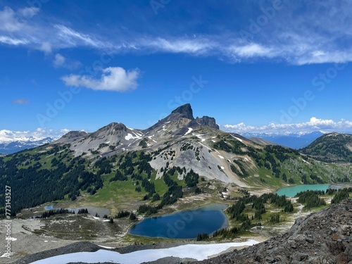 a lake and mountains as viewed from high up in the valley