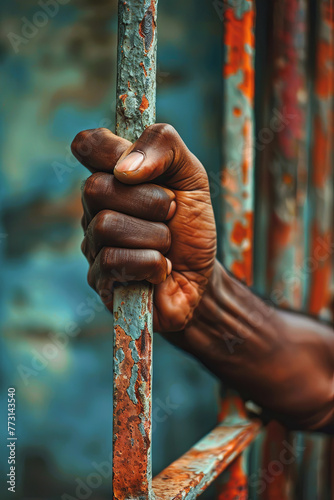 Human hand stretch out from prison bars photo