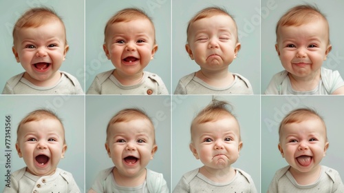 A series of pictures of a baby making a funny face