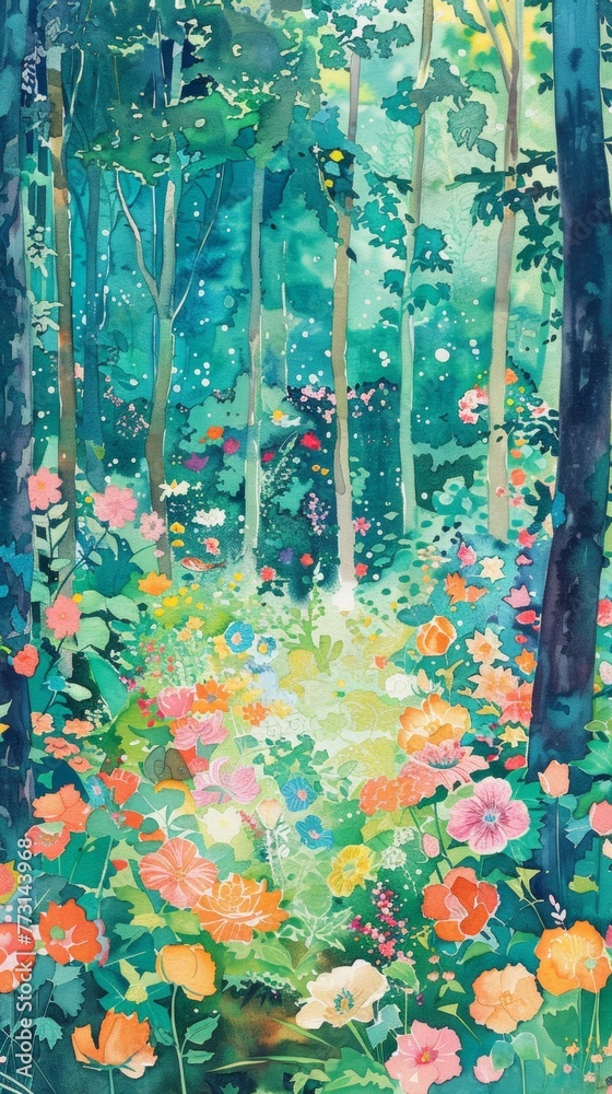 A painting of a forest with lots of flowers