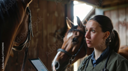 A veterinarian in a lab coat uses a tablet next to a horse in a stable.