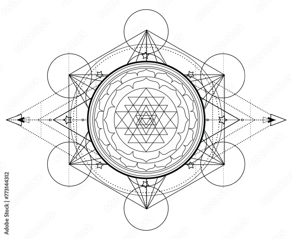 Metatron Cube. Moon pagan Wicca moon goddess symbol. Three-faced