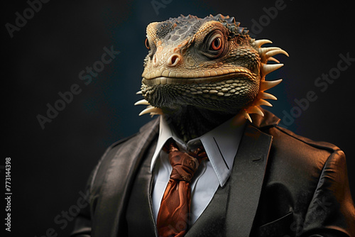 A stylish lizard wearing modern attire, photographed against a clean white background, resulting in a unique and fashionable animal portrait.