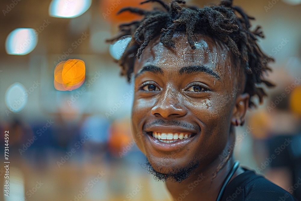 Smiling portrait of a young man in a basketball gym