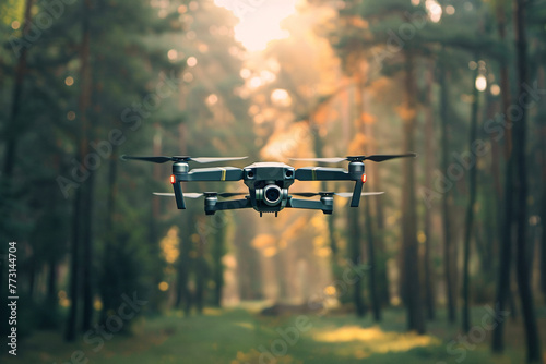 drone flying in the forest