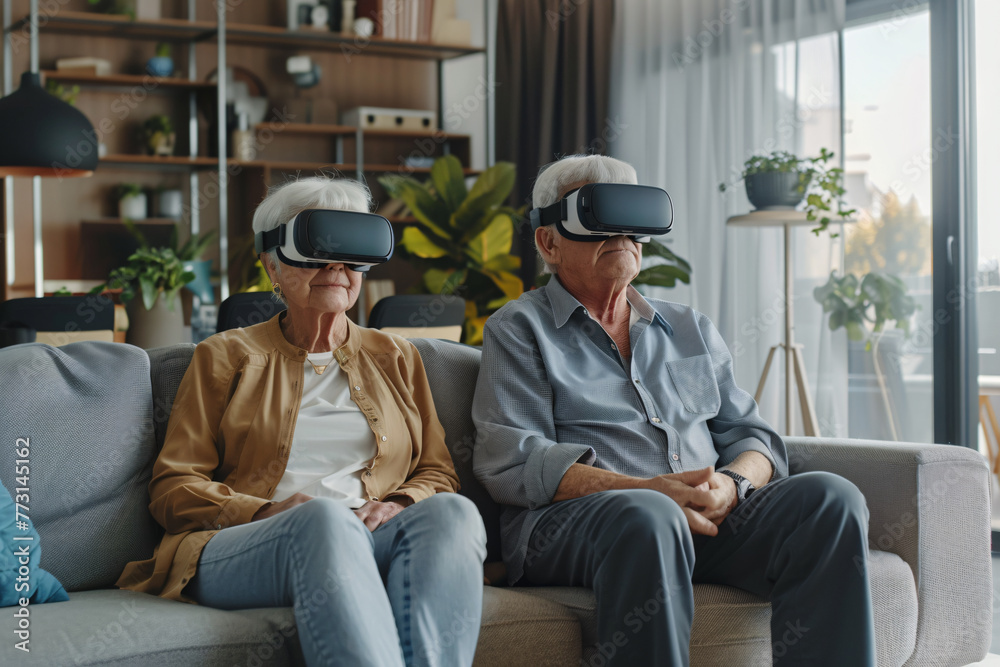virtual reality and technology concept - elderly couple using virtual reality glasses