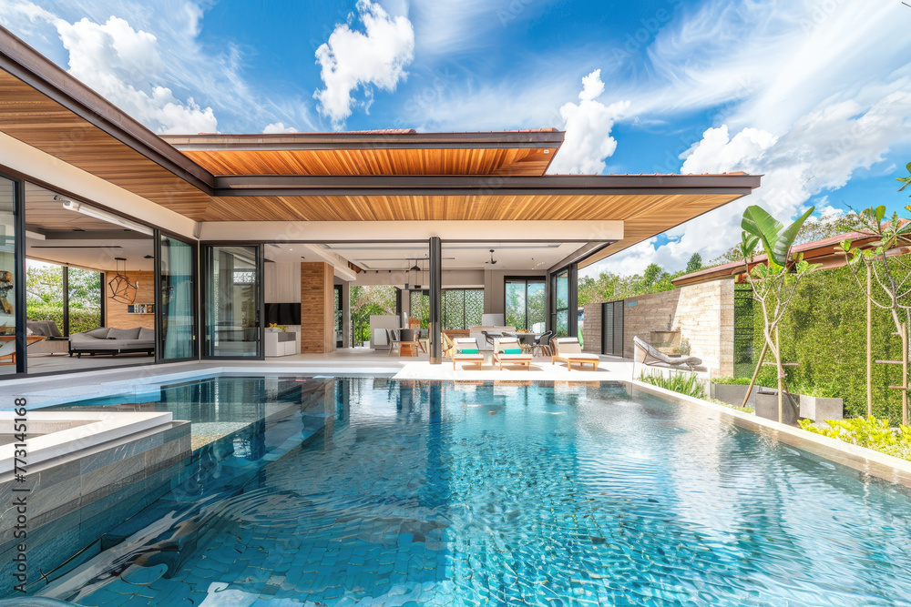 A beautiful and modern two-story villa with an open pool, surrounded by lush green grass, featuring light wood accents on the roof and walls of glass windows
