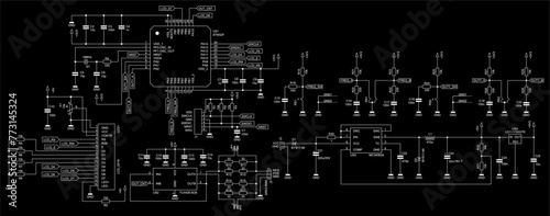 Schematic diagram of electronic device on sheet of paper.
Vector drawing electrical circuit with capacitor,
resistor, lcd display, integrated circuit, 
coil, diode, microcontroller, other components.