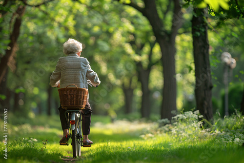 elderly woman on the bicycle in summer park photo