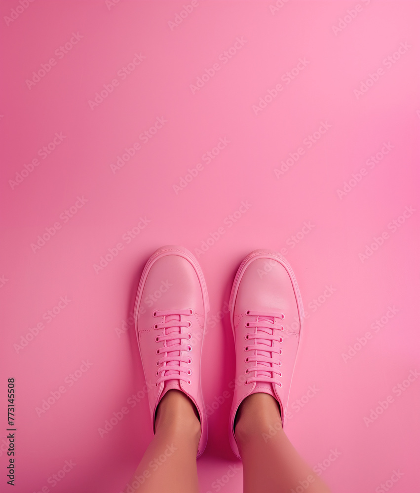 female legs in the pink sneakers over pink background with copy space female legs in the pink sneakers over pink background with copy space