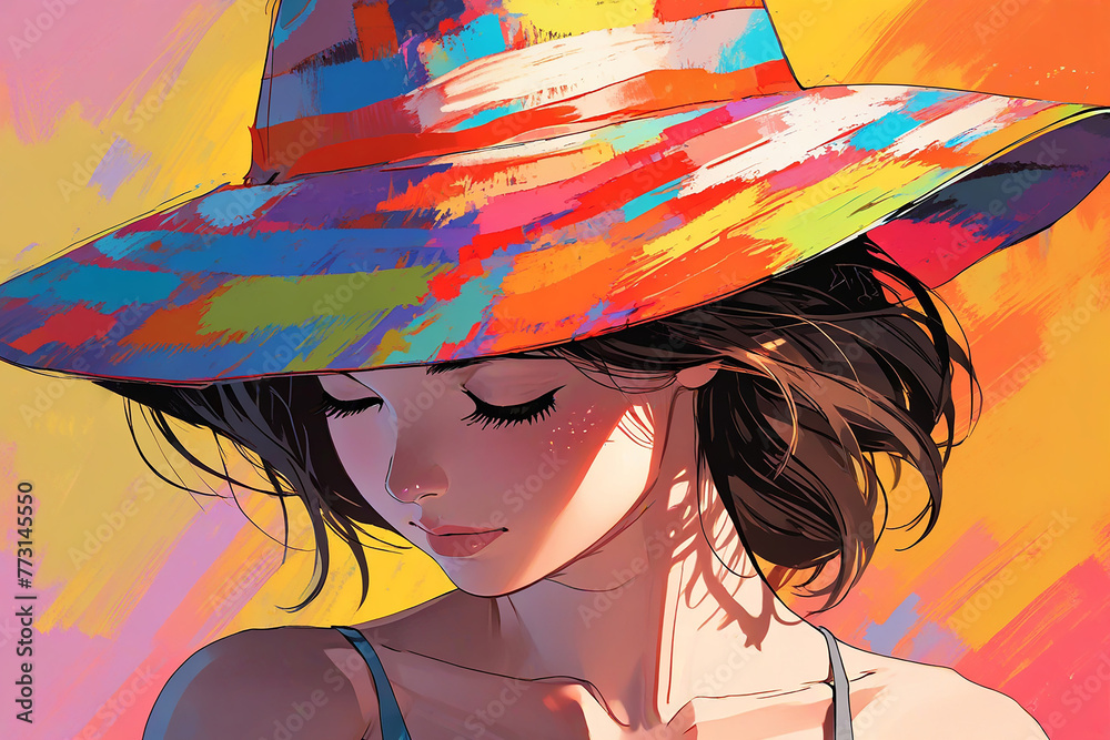 Fototapeta premium Illustration of a beautiful girl in a hat on a colorful background in anime style.