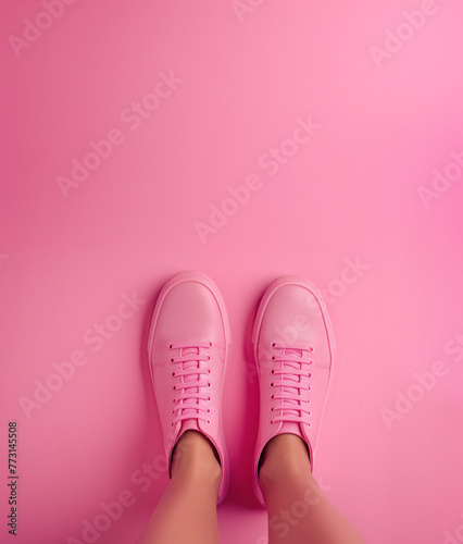 female legs in the pink sneakers over pink background with copy space