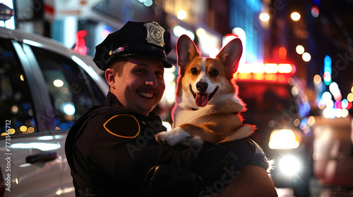 A smiling uniformed policeman holds a corgi dog in his arms during a night patrol © Iryna