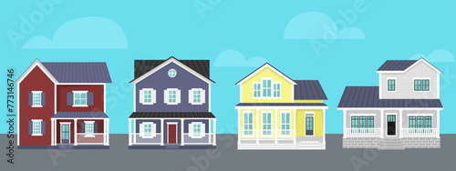 Vector houses with porch set. Collection of two-storey house with porch for rent, for sale in flat style. Vector illustration