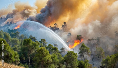 A forest fire is being extinguished by spraying water from a hose photo