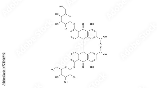 sennoside molecule, structural chemical formula, ball-and-stick model, isolated image diastereoisomeric mixture photo