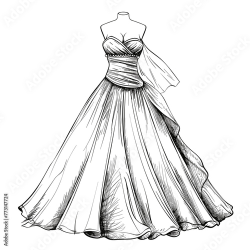 vector wedding dress with black lines on a white background .Generative AI
