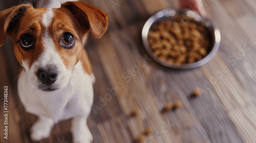 A curious dog looks up expectantly next to a bowl of food on a wooden floor.