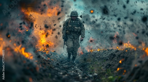 A soldier walks across the battlefield during a combat mission
