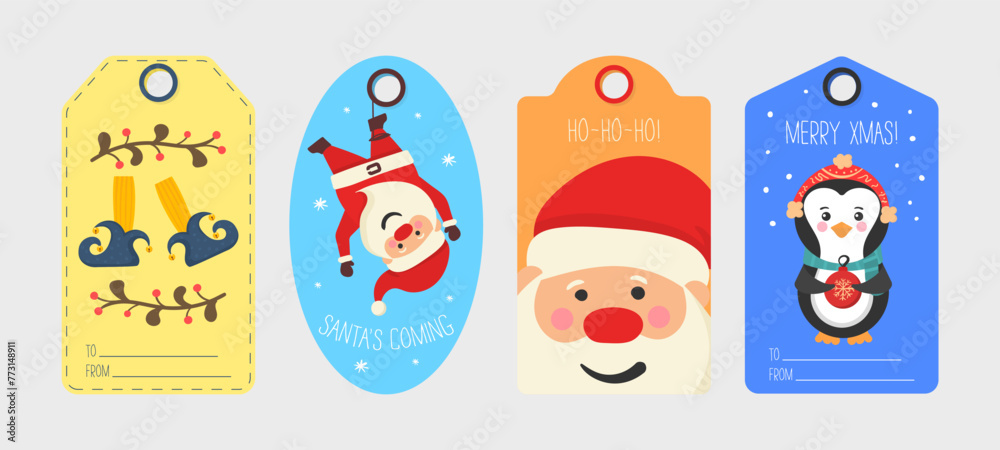 Collection of gift tags and cards Merry Christmas and Happy New Year. Set of Christmas tag cute. Creative handmade textures for winter holidays. Vector illustration