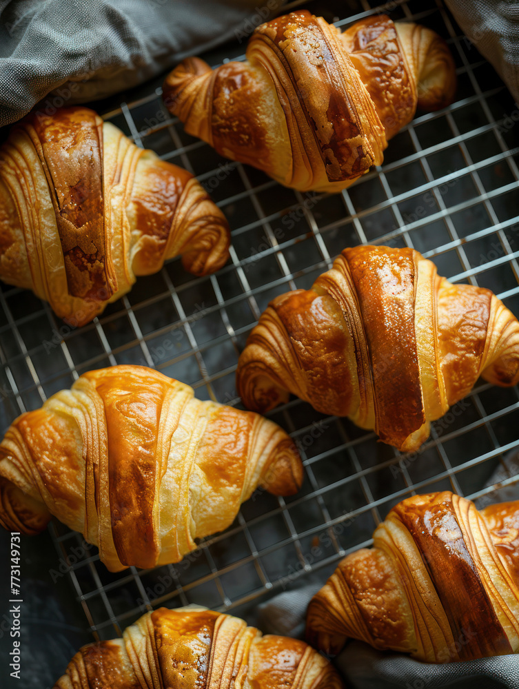 A top-down photo of several freshly baked croissants on a wire rack, Generated by AI A top-down photo of several freshly baked croissants on a wire rack, Generated by AI
