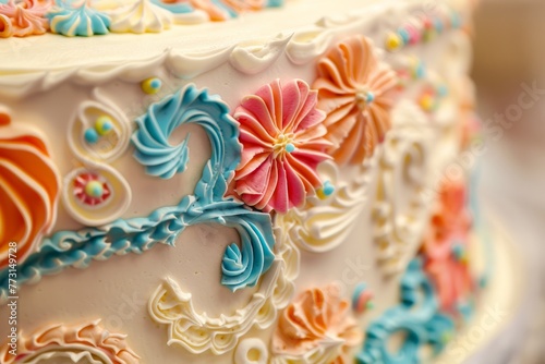 Close-up of a birthday cake with intricate fondant decorations on a table, showcasing the skill and artistry of the baker