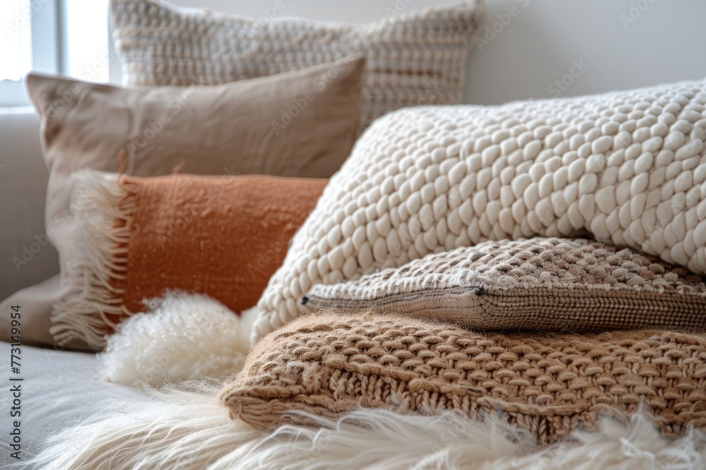 A collection of pillows stacked neatly on top of a couch, showcasing various textures like wool and knit fabrics