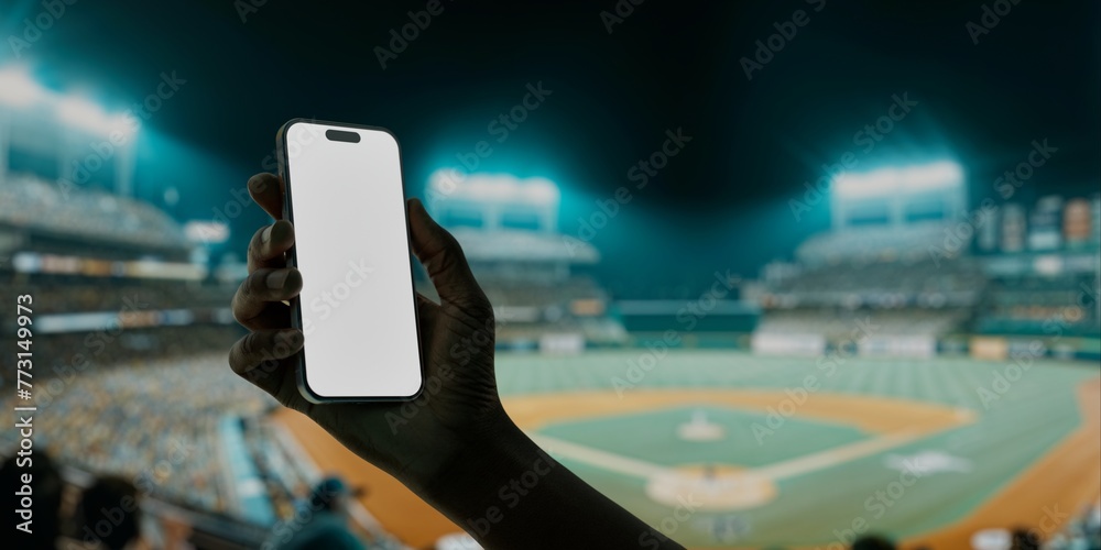 A hand holds a smartphone with a blank screen at a baseball stadium - obrazy, fototapety, plakaty 