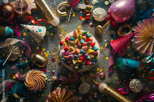 A high-angle shot of a birthday cake surrounded by party hats, noise makers, and other festive accessories