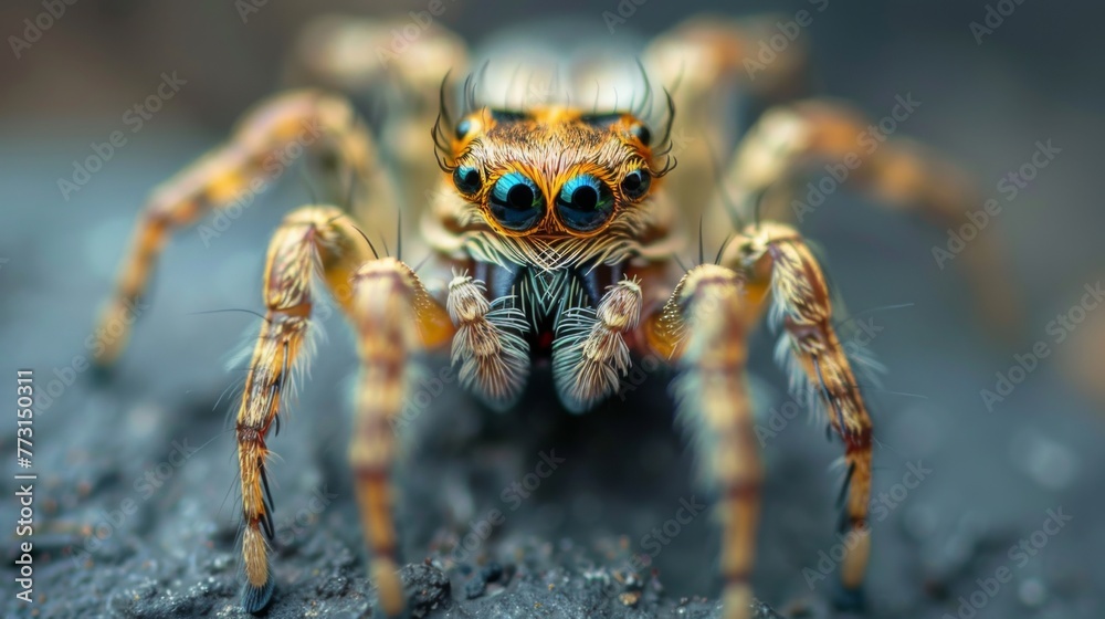 Closeup spider on a grey background. Dangerous insect. Closeup spider on a grey background. Dangerous insect.