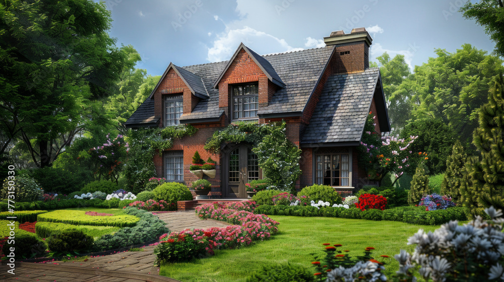 A charming brick house is complemented by a meticulously maintained flower garden, creating an idyllic suburban retreat. Brick house, well-maintained, flower garden, home, exterior. AI generative