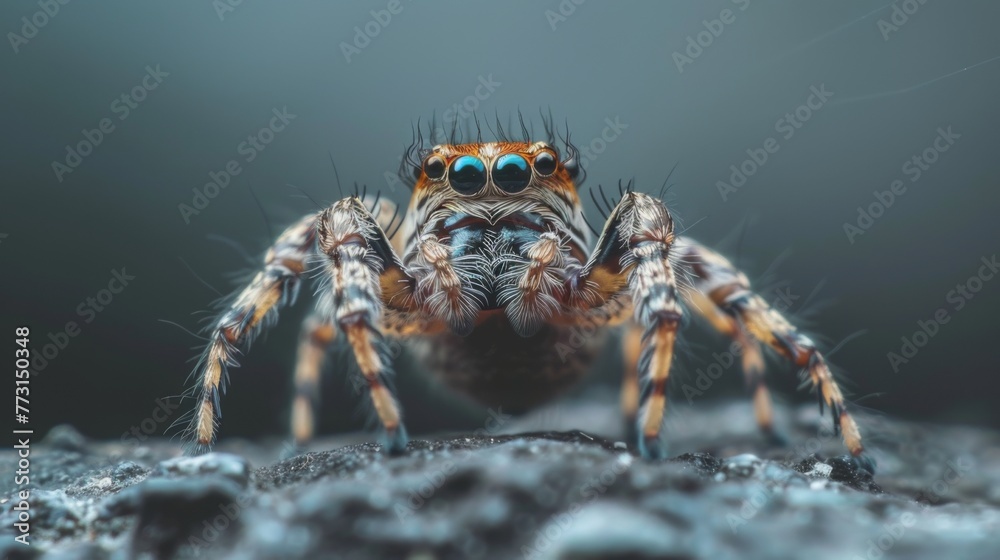 Closeup spider on a grey background. Dangerous insect. Closeup spider on a grey background. Dangerous insect.