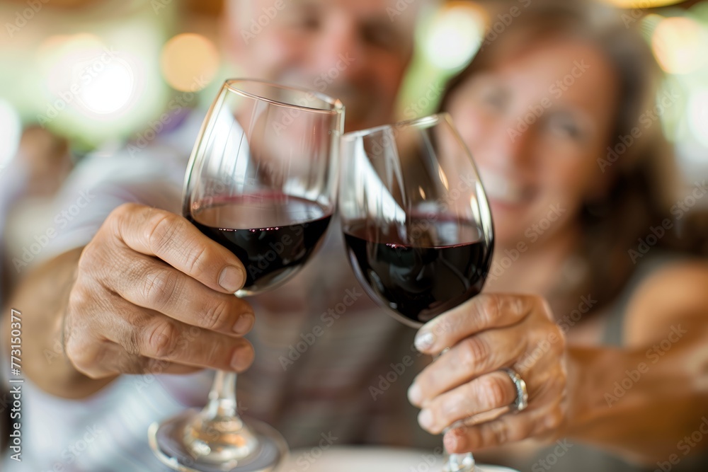 A man and a woman are holding wine glasses, smiling and toasting, in a highkey portrait shot with a soft-focus background