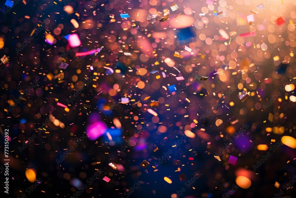 A low-angle shot capturing falling confetti against a dark background, creating a magical and dreamy atmosphere