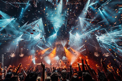 A crowd of people standing on a stage, illuminated by bright spotlights, as confetti floats gracefully in the air above them
