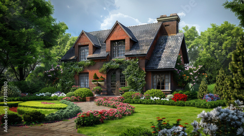 A charming brick house is complemented by a meticulously maintained flower garden, creating an idyllic suburban retreat. Brick house, well-maintained, flower garden, home, exterior. AI generative