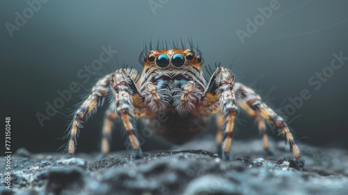 Closeup spider on a grey background. Dangerous insect.