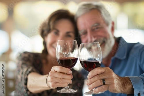 A man and a woman smiling and holding wine glasses, toasting each other in a highkey portrait photo